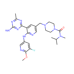 COc1ncc(Nc2ncc(CN3CCN(C(=O)N(C)C(C)C)CC3)cc2-c2nc(C)nc(N)n2)cc1F ZINC000113238040
