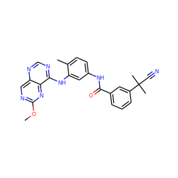 COc1ncc2ncnc(Nc3cc(NC(=O)c4cccc(C(C)(C)C#N)c4)ccc3C)c2n1 ZINC000166223911
