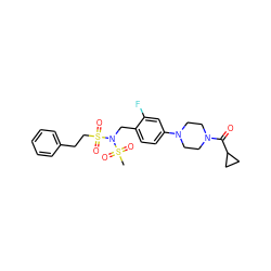 CS(=O)(=O)N(Cc1ccc(N2CCN(C(=O)C3CC3)CC2)cc1F)S(=O)(=O)CCc1ccccc1 ZINC001772653332