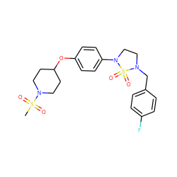 CS(=O)(=O)N1CCC(Oc2ccc(N3CCN(Cc4ccc(F)cc4)S3(=O)=O)cc2)CC1 ZINC000169710352