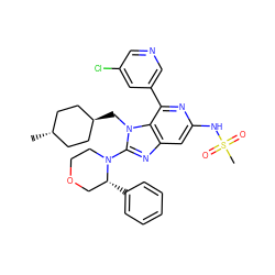 CS(=O)(=O)Nc1cc2nc(N3CCOC[C@H]3c3ccccc3)n(C[C@H]3CC[C@H](C)CC3)c2c(-c2cncc(Cl)c2)n1 ZINC000261117892