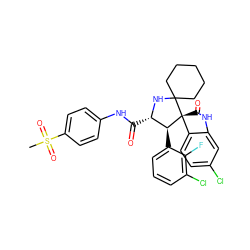 CS(=O)(=O)c1ccc(NC(=O)[C@@H]2NC3(CCCCC3)[C@@]3(C(=O)Nc4cc(Cl)ccc43)[C@H]2c2cccc(Cl)c2F)cc1 ZINC001772574836