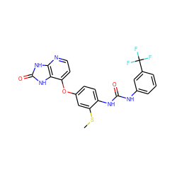 CSc1cc(Oc2ccnc3[nH]c(=O)[nH]c23)ccc1NC(=O)Nc1cccc(C(F)(F)F)c1 ZINC000040429993