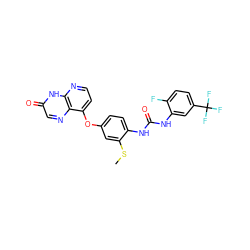 CSc1cc(Oc2ccnc3[nH]c(=O)cnc23)ccc1NC(=O)Nc1cc(C(F)(F)F)ccc1F ZINC000058541242