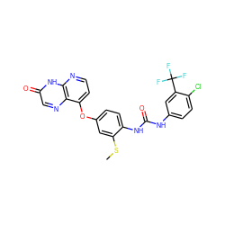 CSc1cc(Oc2ccnc3[nH]c(=O)cnc23)ccc1NC(=O)Nc1ccc(Cl)c(C(F)(F)F)c1 ZINC000058541257