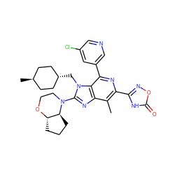 Cc1c(-c2noc(=O)[nH]2)nc(-c2cncc(Cl)c2)c2c1nc(N1CCO[C@H]3CCC[C@@H]31)n2C[C@H]1CC[C@H](C)CC1 ZINC001772599252