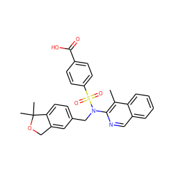 Cc1c(N(Cc2ccc3c(c2)COC3(C)C)S(=O)(=O)c2ccc(C(=O)O)cc2)ncc2ccccc12 ZINC000261097681