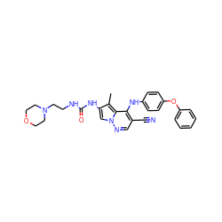 Cc1c(NC(=O)NCCN2CCOCC2)cn2ncc(C#N)c(Nc3ccc(Oc4ccccc4)cc3)c12 ZINC000028569485