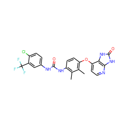 Cc1c(NC(=O)Nc2ccc(Cl)c(C(F)(F)F)c2)ccc(Oc2ccnc3[nH]c(=O)[nH]c23)c1C ZINC000040429277