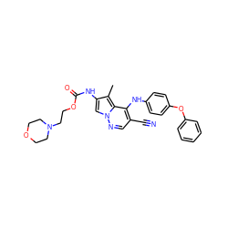 Cc1c(NC(=O)OCCN2CCOCC2)cn2ncc(C#N)c(Nc3ccc(Oc4ccccc4)cc3)c12 ZINC000028569482