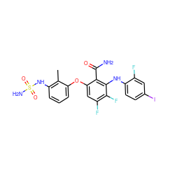 Cc1c(NS(N)(=O)=O)cccc1Oc1cc(F)c(F)c(Nc2ccc(I)cc2F)c1C(N)=O ZINC000653790509