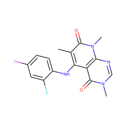 Cc1c(Nc2ccc(I)cc2F)c2c(=O)n(C)cnc2n(C)c1=O ZINC000096167573