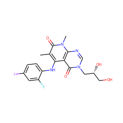 Cc1c(Nc2ccc(I)cc2F)c2c(=O)n(C[C@H](O)CO)cnc2n(C)c1=O ZINC000043196549