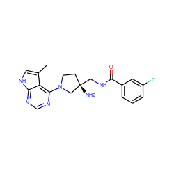 Cc1c[nH]c2ncnc(N3CC[C@](N)(CNC(=O)c4cccc(F)c4)C3)c12 ZINC000053313660