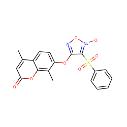 Cc1cc(=O)oc2c(C)c(Oc3no[n+]([O-])c3S(=O)(=O)c3ccccc3)ccc12 ZINC000299841355
