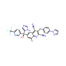 Cc1cc([C@](O)(c2ccc(C(F)(F)F)nc2)c2cncn2C)cc2c(C#N)c(Cc3ccc(-n4cccn4)cc3)c(C#N)nc12 ZINC001772653235