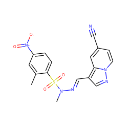 Cc1cc([N+](=O)[O-])ccc1S(=O)(=O)N(C)/N=C/c1cnn2ccc(C#N)cc12 ZINC000073199329