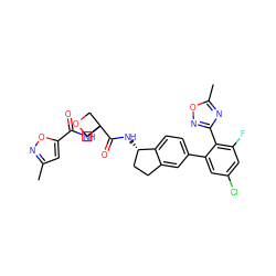 Cc1cc(C(=O)NC2(C(=O)N[C@H]3CCc4cc(-c5cc(Cl)cc(F)c5-c5noc(C)n5)ccc43)COC2)on1 ZINC000142264492