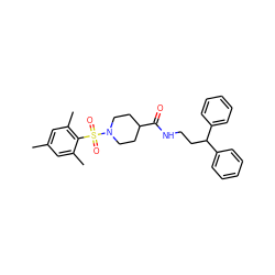Cc1cc(C)c(S(=O)(=O)N2CCC(C(=O)NCCC(c3ccccc3)c3ccccc3)CC2)c(C)c1 ZINC000040401227