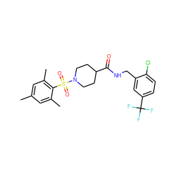 Cc1cc(C)c(S(=O)(=O)N2CCC(C(=O)NCc3cc(C(F)(F)F)ccc3Cl)CC2)c(C)c1 ZINC000040406366