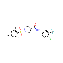 Cc1cc(C)c(S(=O)(=O)N2CCC(C(=O)NCc3ccc(Cl)c(C(F)(F)F)c3)CC2)c(C)c1 ZINC000040897004