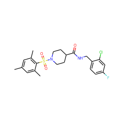 Cc1cc(C)c(S(=O)(=O)N2CCC(C(=O)NCc3ccc(F)cc3Cl)CC2)c(C)c1 ZINC000040895249