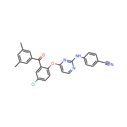 Cc1cc(C)cc(C(=O)c2cc(Cl)ccc2Oc2ccnc(Nc3ccc(C#N)cc3)n2)c1 ZINC000096923771
