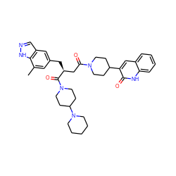 Cc1cc(C[C@@H](CC(=O)N2CCC(c3cc4ccccc4[nH]c3=O)CC2)C(=O)N2CCC(N3CCCCC3)CC2)cc2cn[nH]c12 ZINC000084596249
