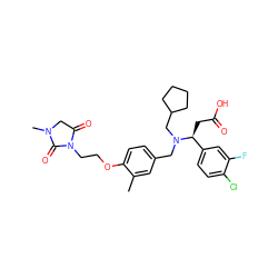 Cc1cc(CN(CC2CCCC2)[C@@H](CC(=O)O)c2ccc(Cl)c(F)c2)ccc1OCCN1C(=O)CN(C)C1=O ZINC000207241047