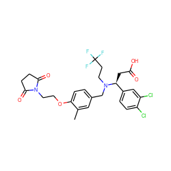 Cc1cc(CN(CCC(F)(F)F)[C@@H](CC(=O)O)c2ccc(Cl)c(Cl)c2)ccc1OCCN1C(=O)CCC1=O ZINC000225131661