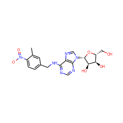 Cc1cc(CNc2ncnc3c2ncn3[C@@H]2O[C@H](CO)[C@@H](O)[C@H]2O)ccc1[N+](=O)[O-] ZINC000029057548