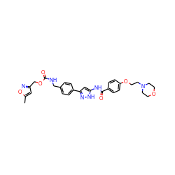 Cc1cc(COC(=O)NCc2ccc(-c3cc(NC(=O)c4ccc(OCCN5CCOCC5)cc4)[nH]n3)cc2)no1 ZINC000084710225