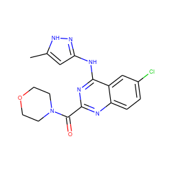Cc1cc(Nc2nc(C(=O)N3CCOCC3)nc3ccc(Cl)cc23)n[nH]1 ZINC001772617418