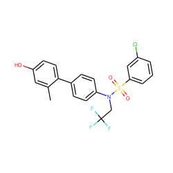 Cc1cc(O)ccc1-c1ccc(N(CC(F)(F)F)S(=O)(=O)c2cccc(Cl)c2)cc1 ZINC000653917200