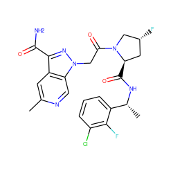 Cc1cc2c(C(N)=O)nn(CC(=O)N3C[C@H](F)C[C@H]3C(=O)N[C@H](C)c3cccc(Cl)c3F)c2cn1 ZINC000143882073
