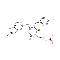 Cc1cc2cc(Nc3nc(=O)n(CCCC(=O)O)c(=O)n3Cc3ccc(Cl)cc3)ccc2o1 ZINC000200524962