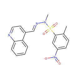 Cc1ccc([N+](=O)[O-])cc1S(=O)(=O)N(C)/N=C/c1ccnc2ccccc12 ZINC000028871243