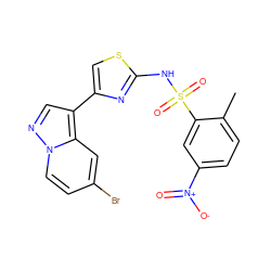 Cc1ccc([N+](=O)[O-])cc1S(=O)(=O)Nc1nc(-c2cnn3ccc(Br)cc23)cs1 ZINC000103299122