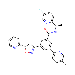 Cc1ccc(-c2cc(C(=O)N[C@H](C)c3ccc(F)cn3)cc(C3=NO[C@H](c4ccccn4)C3)c2)nc1 ZINC000043208710