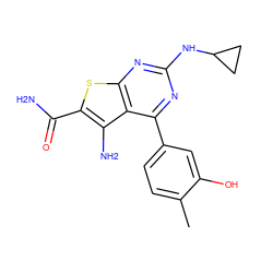 Cc1ccc(-c2nc(NC3CC3)nc3sc(C(N)=O)c(N)c23)cc1O ZINC000073240604