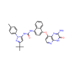 Cc1ccc(-n2nc(C(C)(C)C)cc2NC(=O)Nc2ccc(Oc3ccnc4[nH]c(=O)c(N)nc34)c3ccccc23)cc1 ZINC000058584049