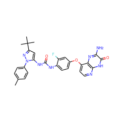 Cc1ccc(-n2nc(C(C)(C)C)cc2NC(=O)Nc2ccc(Oc3ccnc4[nH]c(=O)c(N)nc34)cc2F)cc1 ZINC000058581167