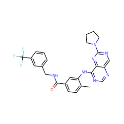 Cc1ccc(C(=O)NCc2cccc(C(F)(F)F)c2)cc1Nc1ncnc2cnc(N3CCCC3)nc12 ZINC000148220898