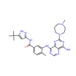Cc1ccc(C(=O)Nc2cc(C(C)(C)C)[nH]n2)cc1Nc1ncnc2c(N)nc(N3CCCN(C)CC3)nc12 ZINC000140578508