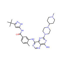 Cc1ccc(C(=O)Nc2cc(C(C)(C)C)n[nH]2)cc1Nc1ncnc2c(N)nc(N3CCN(C4CCN(C)CC4)CC3)nc12 ZINC000148029952