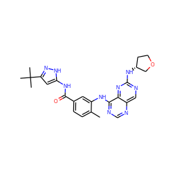 Cc1ccc(C(=O)Nc2cc(C(C)(C)C)n[nH]2)cc1Nc1ncnc2cnc(N[C@@H]3CCOC3)nc12 ZINC000148256509
