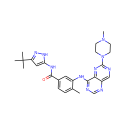 Cc1ccc(C(=O)Nc2cc(C(C)(C)C)n[nH]2)cc1Nc1ncnc2cnc(N3CCN(C)CC3)nc12 ZINC000148305238