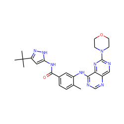 Cc1ccc(C(=O)Nc2cc(C(C)(C)C)n[nH]2)cc1Nc1ncnc2cnc(N3CCOCC3)nc12 ZINC000148335599