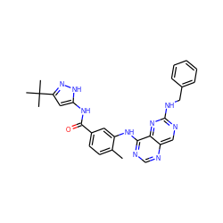 Cc1ccc(C(=O)Nc2cc(C(C)(C)C)n[nH]2)cc1Nc1ncnc2cnc(NCc3ccccc3)nc12 ZINC000148334285