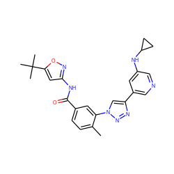 Cc1ccc(C(=O)Nc2cc(C(C)(C)C)on2)cc1-n1cc(-c2cncc(NC3CC3)c2)nn1 ZINC000199371148